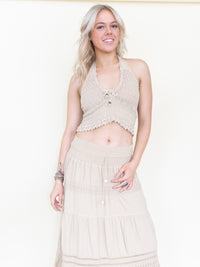 Boho Halter Set Two Piece Embroidered Skirt Taupe Cotton Summer Skirt Set