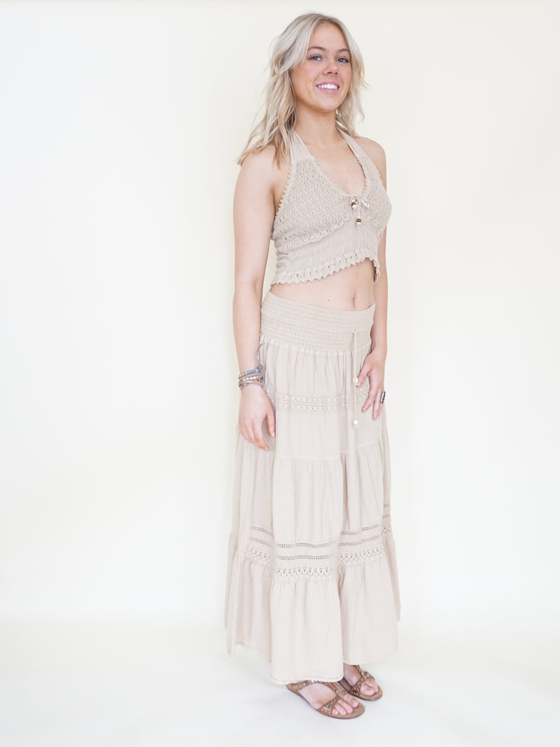 Boho Halter Set Two Piece Embroidered Skirt Taupe Cotton Summer Skirt Set