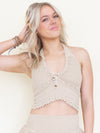 Boho Halter Top Lace Up V Neckline Cotton Backless Crop Top