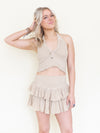 Boho Halter Top Lace Up V Neckline Cotton Backless Crop Top