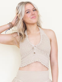 Boho Halter Set Mini Ruffle Skirt Taupe Cotton Summer Set