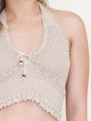 Boho Halter Top Lace Up V Neckline Cotton Backless Crop Top