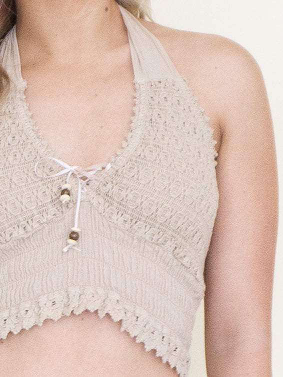 Boho Halter Top Lace Up V Neckline Cotton Backless Crop Top