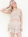Boho Halter Set Mini Ruffle Skirt Taupe Cotton Summer Set