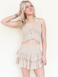 Boho Halter Set Mini Ruffle Skirt Taupe Cotton Summer Set