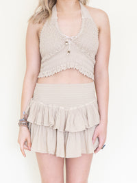 Boho Halter Set Mini Ruffle Skirt Taupe Cotton Summer Set