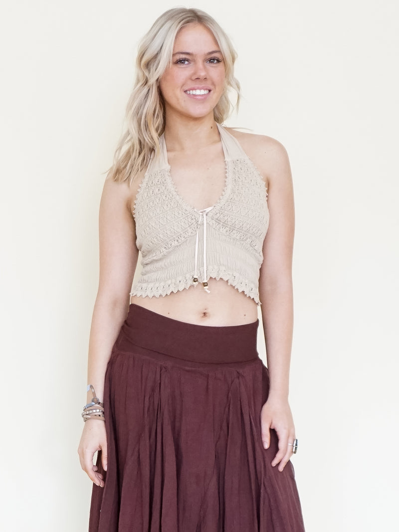 Brown Boho Midi Skirt Low Waisted Boho Cotton Summer Skirt