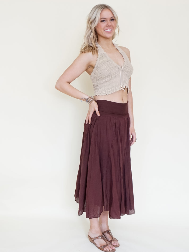 Brown Boho Midi Skirt Low Waisted Boho Cotton Summer Skirt