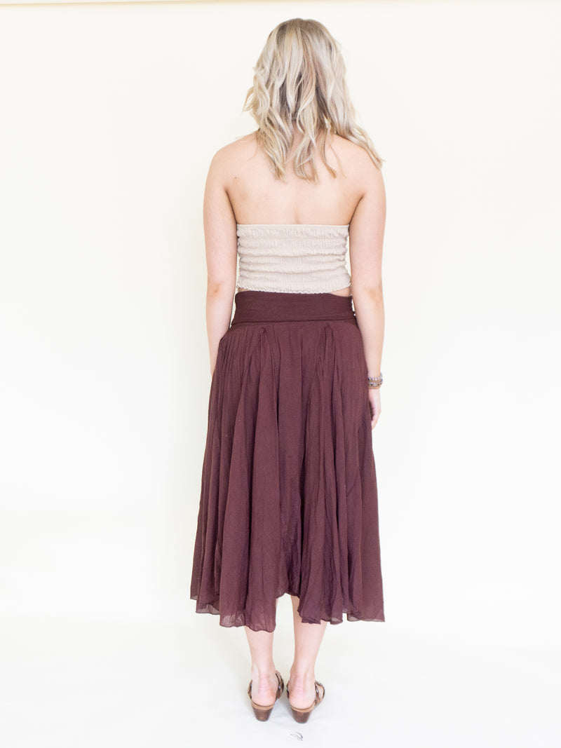 Brown Boho Midi Skirt Low Waisted Boho Cotton Summer Skirt