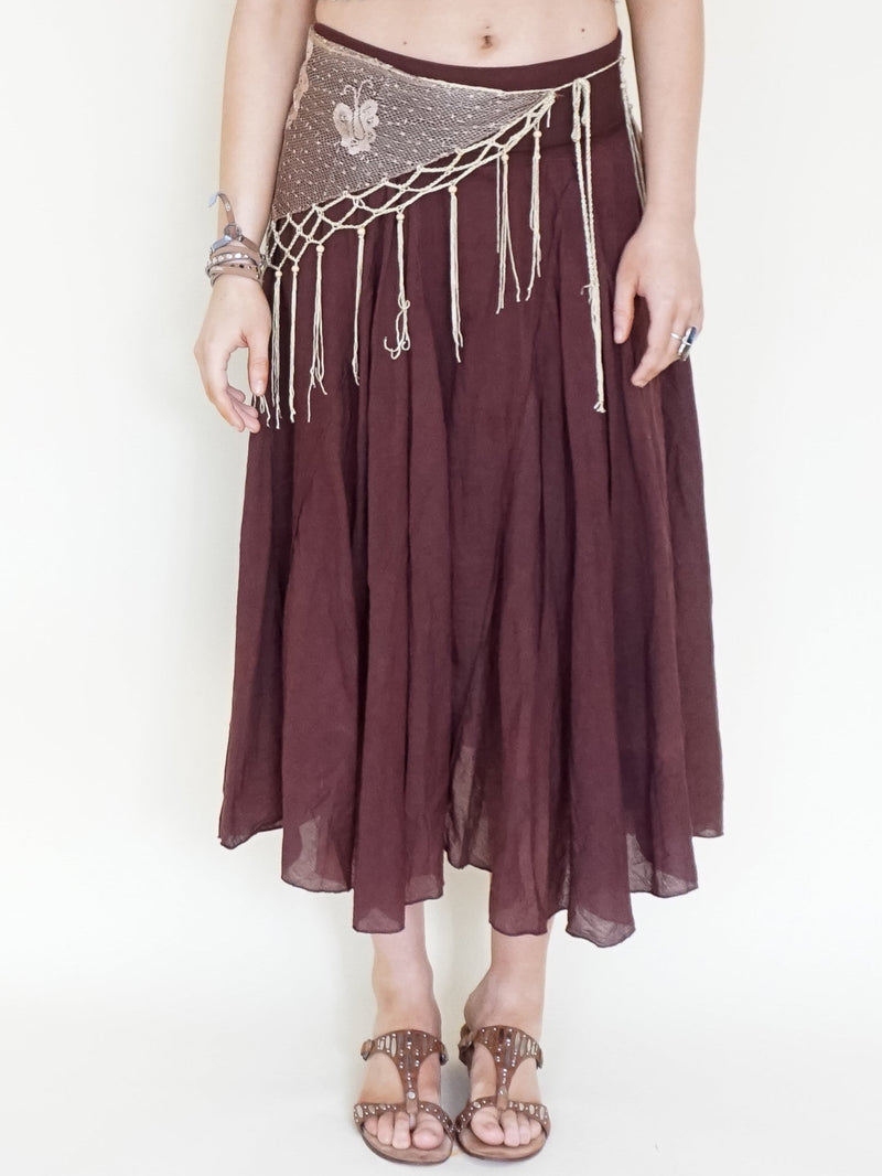 Brown Boho Midi Skirt Low Waisted Boho Cotton Summer Skirt