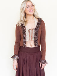 Patchworked Ruffle Cardigan Tie Cardigan Blouse