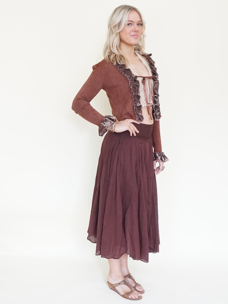 Patchworked Ruffle Cardigan Tie Cardigan Blouse