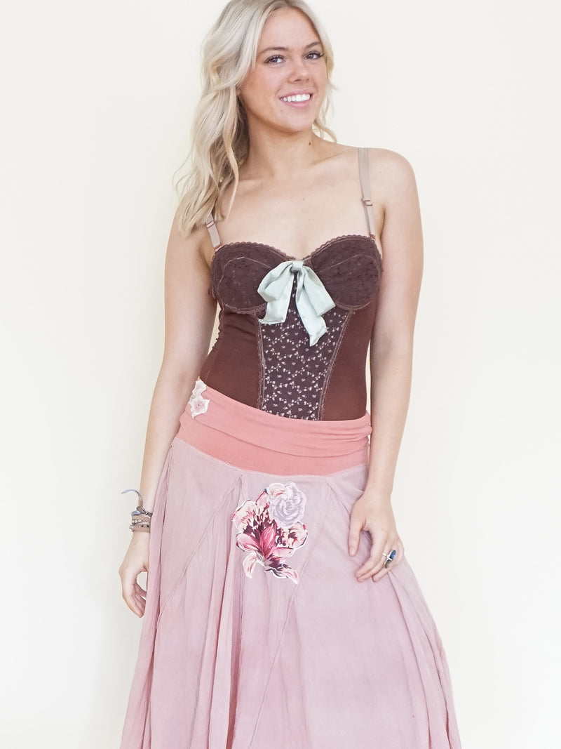 Patchwork Floral Skirt Pink Vintage Upcycle Boho Skirt