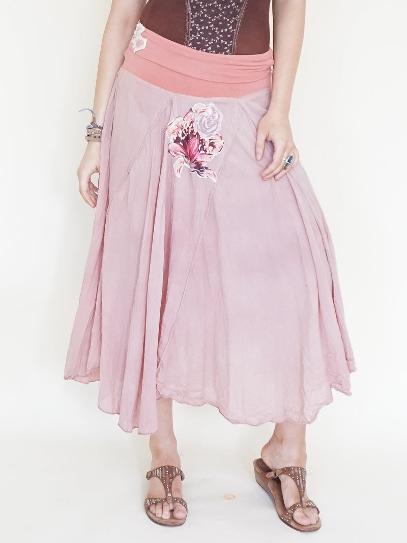 Patchwork Floral Skirt Pink Vintage Upcycle Boho Skirt