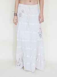 Floral Patchwork Skirt Ruffle Boho Cotton Maxi Skirt White Low Waist Vintage Upcycled