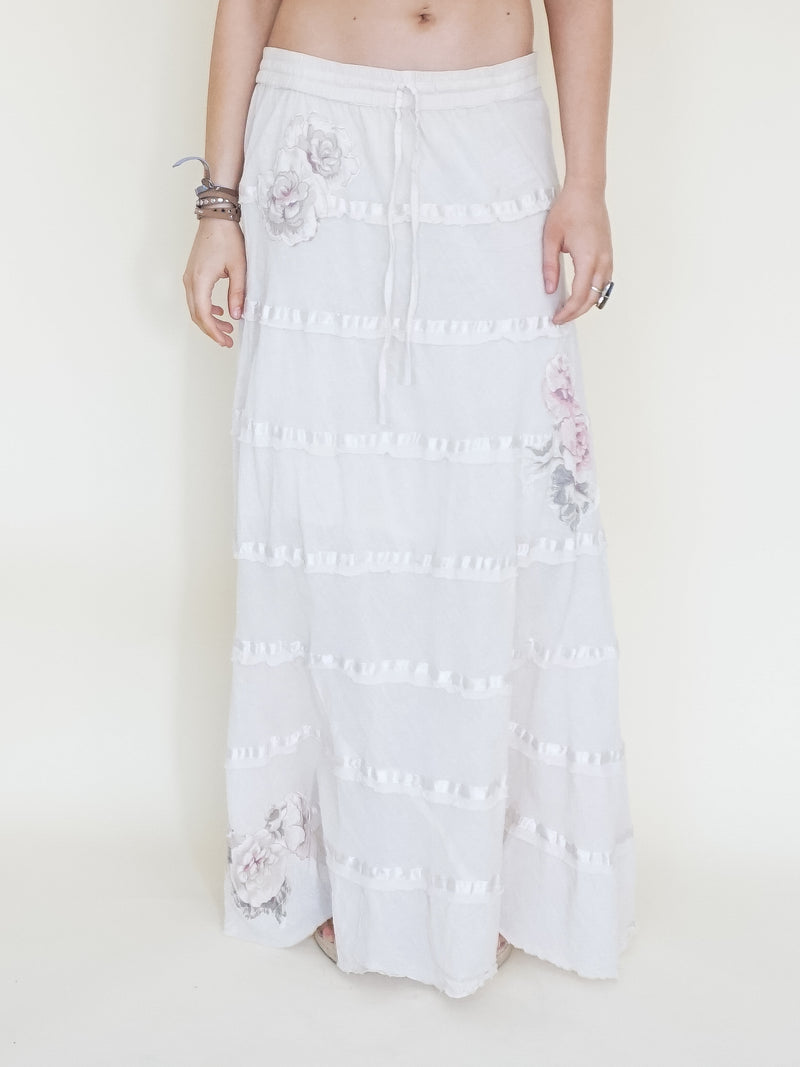 Floral Patchwork Skirt Ruffle Boho Cotton Maxi Skirt White Low Waist Vintage Upcycled