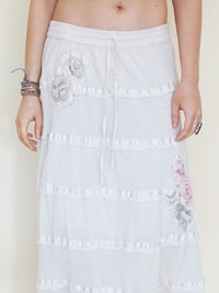 Floral Patchwork Skirt Ruffle Boho Cotton Maxi Skirt White Low Waist Vintage Upcycled