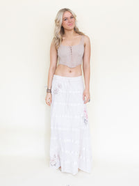 Floral Patchwork Skirt Ruffle Boho Cotton Maxi Skirt White Low Waist Vintage Upcycled
