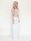 Floral Patchwork Skirt Ruffle Boho Cotton Maxi Skirt White Low Waist Vintage Upcycled