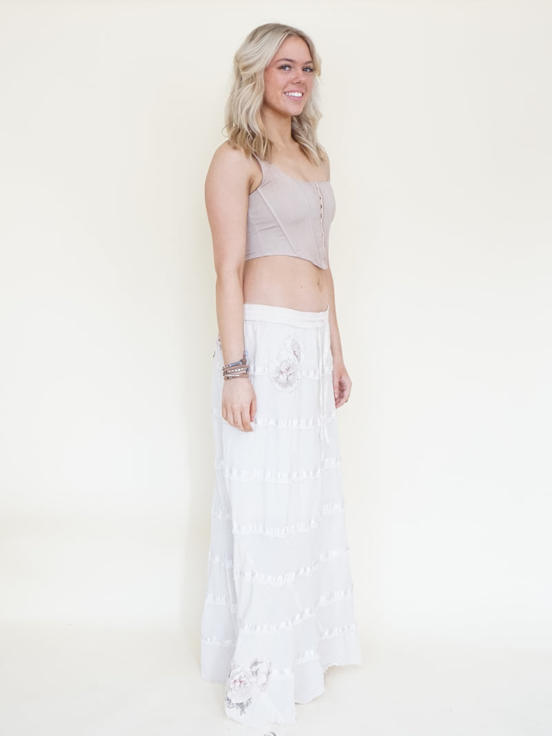 Floral Patchwork Skirt Ruffle Boho Cotton Maxi Skirt White Low Waist Vintage Upcycled