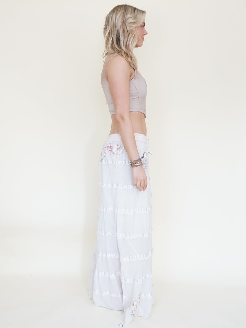 Floral Patchwork Skirt Ruffle Boho Cotton Maxi Skirt White Low Waist Vintage Upcycled