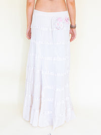 Floral Patchwork Skirt Ruffle Boho Cotton Maxi Skirt White Low Waist Vintage Upcycled