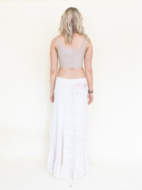 Floral Patchwork Skirt Ruffle Boho Cotton Maxi Skirt White Low Waist Vintage Upcycled