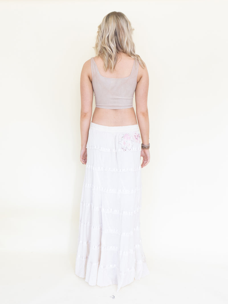 Floral Patchwork Skirt Ruffle Boho Cotton Maxi Skirt White Low Waist Vintage Upcycled