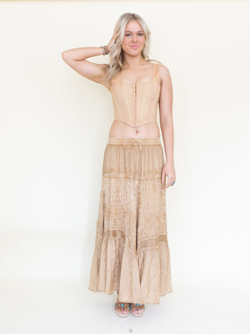 Embroidered Floral Maxi Skirt Vintage Taupe Asymmetric Ruffle Skirt