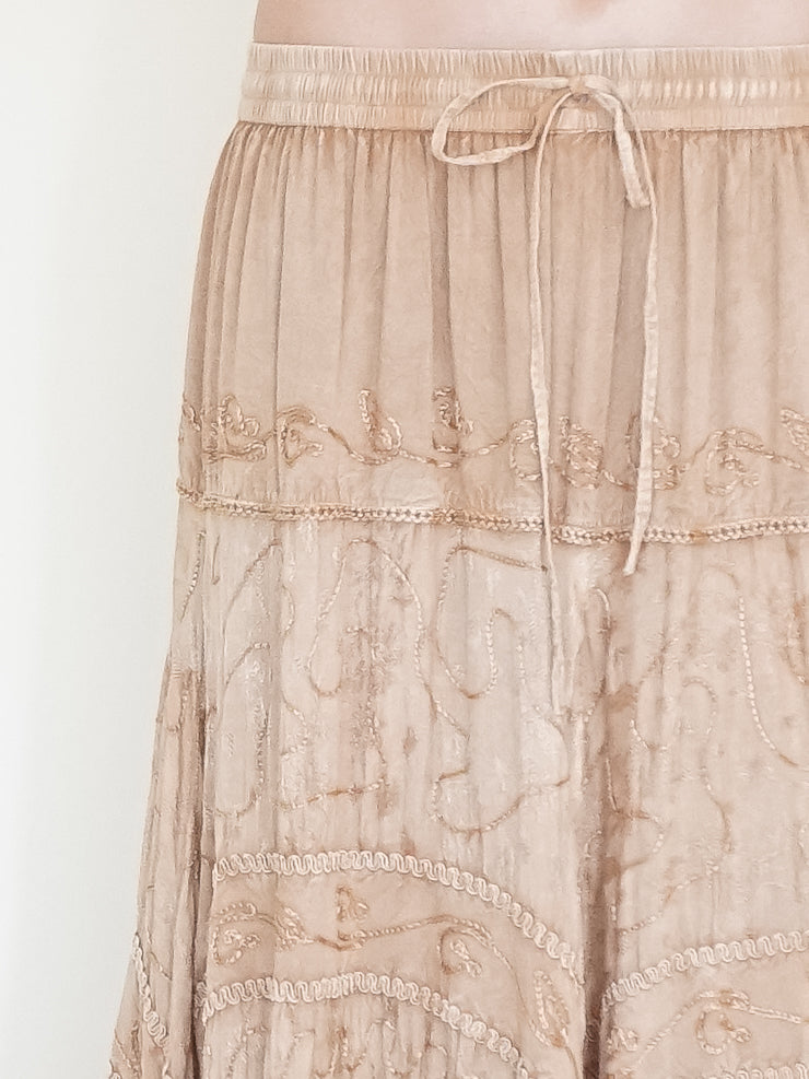 Embroidered Floral Maxi Skirt Vintage Taupe Asymmetric Ruffle Skirt