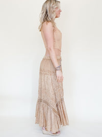 Embroidered Floral Maxi Skirt Vintage Taupe Asymmetric Ruffle Skirt