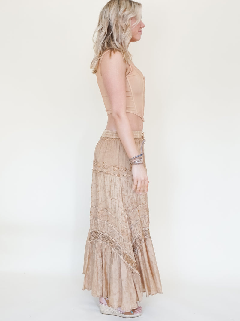 Embroidered Floral Maxi Skirt Vintage Taupe Asymmetric Ruffle Skirt