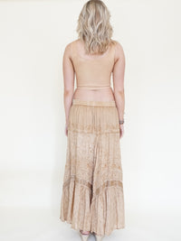 Embroidered Floral Maxi Skirt Vintage Taupe Asymmetric Ruffle Skirt