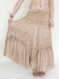 Embroidered Floral Maxi Skirt Vintage Taupe Asymmetric Ruffle Skirt