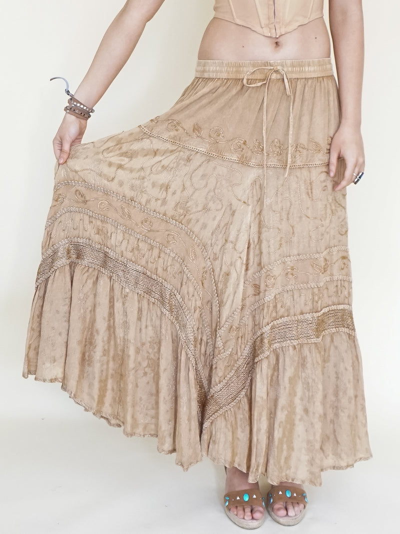 Embroidered Floral Maxi Skirt Vintage Taupe Asymmetric Ruffle Skirt