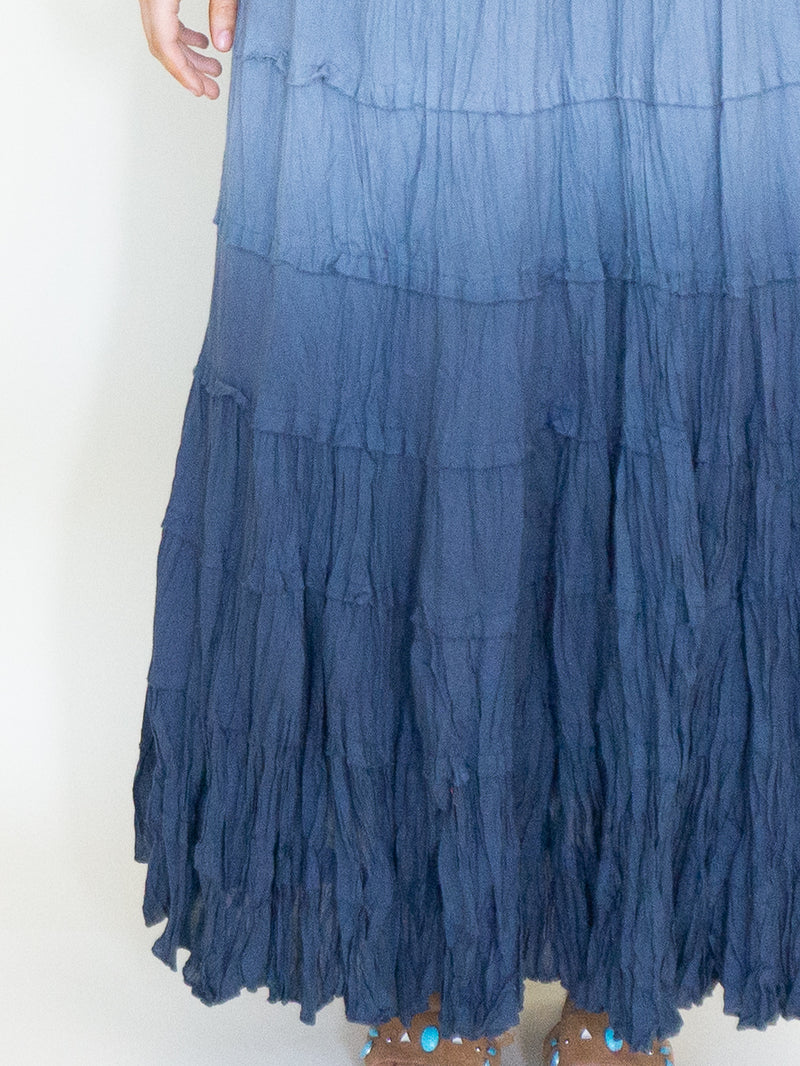 Ombre Boho Skirt Blue Cotton Maxi Skirt Low Waist Vintage