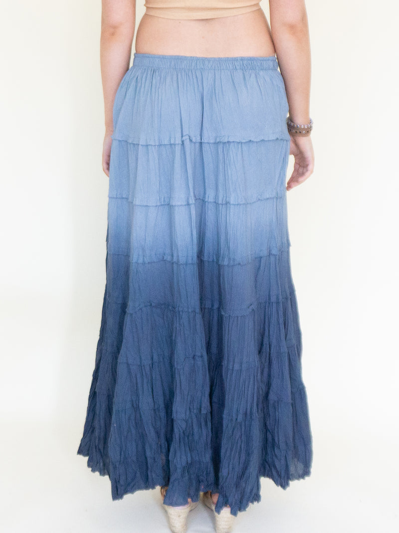 Ombre Boho Skirt Blue Cotton Maxi Skirt Low Waist Vintage