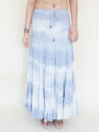 Tie Dye Boho Ruffle Skirt Low Waist Vintage Upcycled Hand Dyed Blue Maxi Skirt