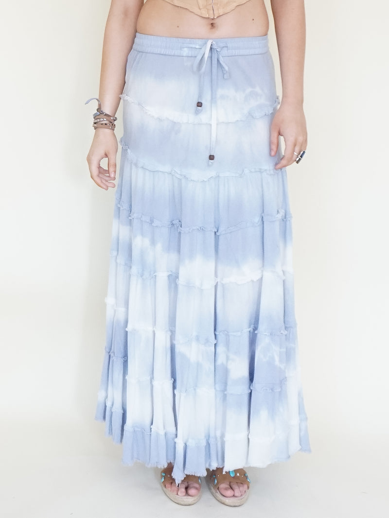Tie Dye Boho Ruffle Skirt Low Waist Vintage Upcycled Hand Dyed Blue Maxi Skirt