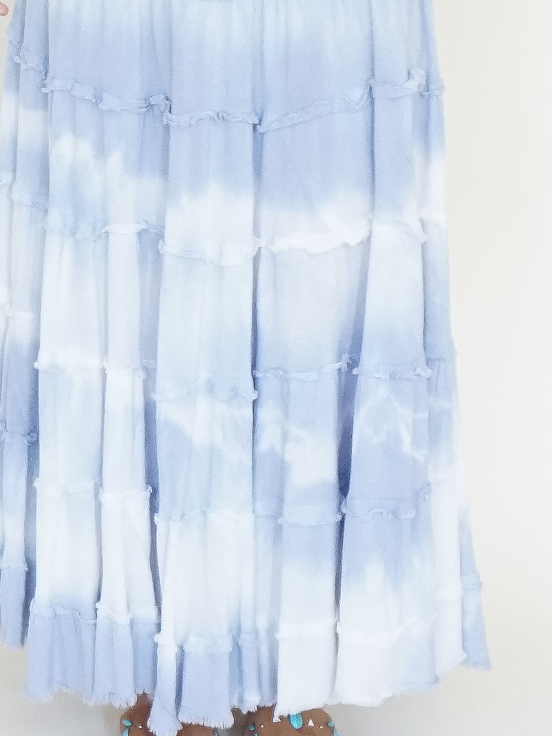 Tie Dye Boho Ruffle Skirt Low Waist Vintage Upcycled Hand Dyed Blue Maxi Skirt