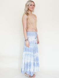 Tie Dye Boho Ruffle Skirt Low Waist Vintage Upcycled Hand Dyed Blue Maxi Skirt