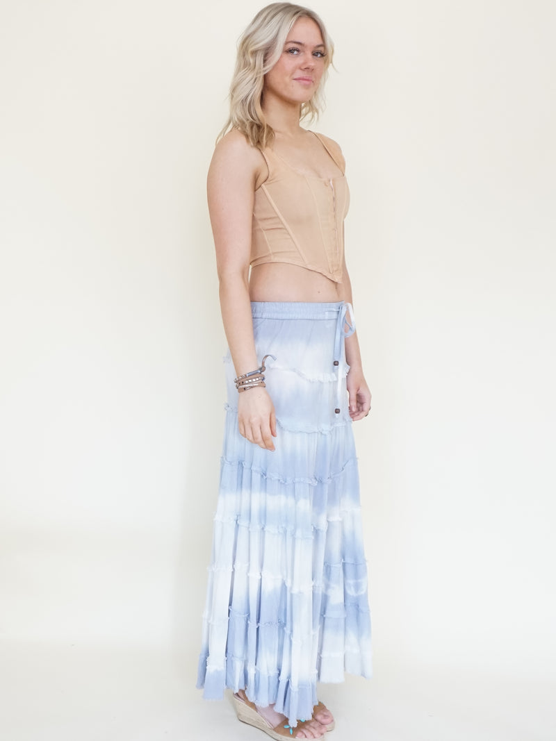 Tie Dye Boho Ruffle Skirt Low Waist Vintage Upcycled Hand Dyed Blue Maxi Skirt