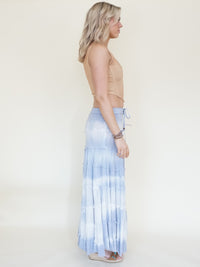 Tie Dye Boho Ruffle Skirt Low Waist Vintage Upcycled Hand Dyed Blue Maxi Skirt