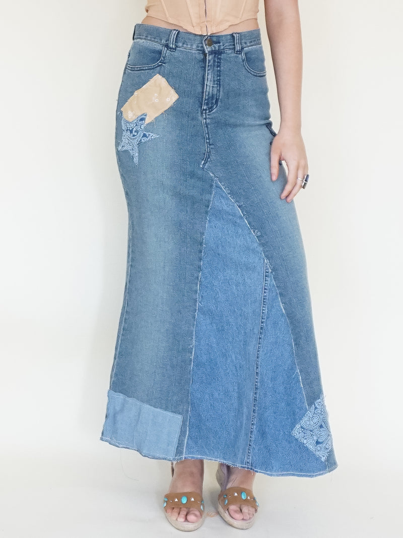 Patchwork Denim Skirt Maxi Skirt Vintage Upcycled Vintage Skirt