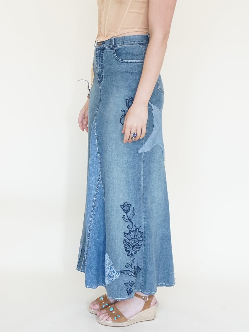 Patchwork Denim Skirt Maxi Skirt Vintage Upcycled Vintage Skirt