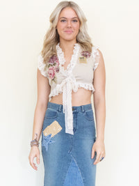Patchwork Floral Vest Lace Ruffle Vest Top Tie Waist