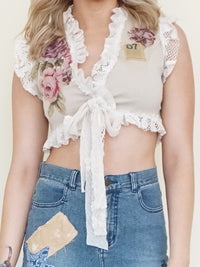 Patchwork Floral Vest Lace Ruffle Vest Top Tie Waist