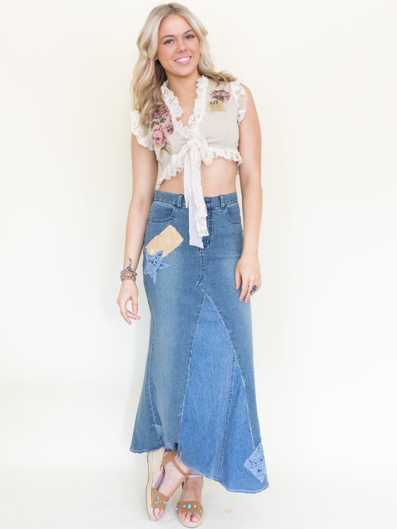 Patchwork Floral Vest Lace Ruffle Vest Top Tie Waist