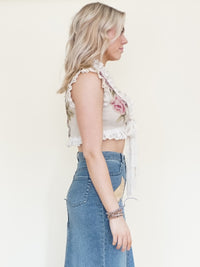 Patchwork Floral Vest Lace Ruffle Vest Top Tie Waist