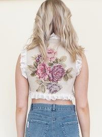 Patchwork Floral Vest Lace Ruffle Vest Top Tie Waist